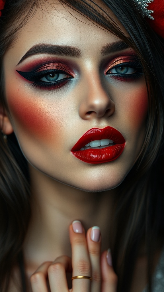 Grunge Christmas makeup with dark red and black eyeshadow, bold eyeliner, and dark lipstick.